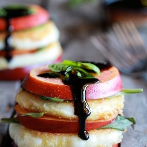 Fried Mozzarella, Basil & Nectarine Stacks w/ Balsamic Glaze