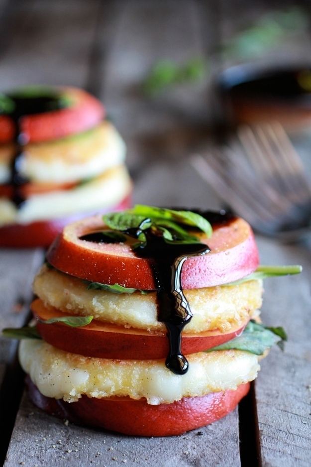 Fried Mozzarella, Basil & Nectarine Stacks w/ Balsamic Glaze
