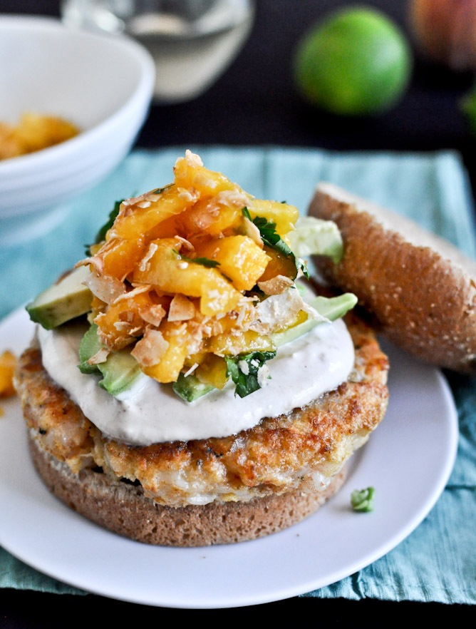 Shrimp Burgers with Chipotle Cream and Coconut Peach Salsa