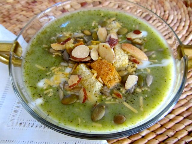 Skinny Cream of Broccoli Soup with Cheddar and Croutons