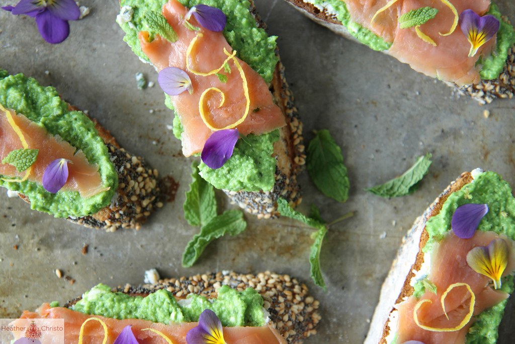 Smoked Salmon, Pea and Goat Cheese Crostini