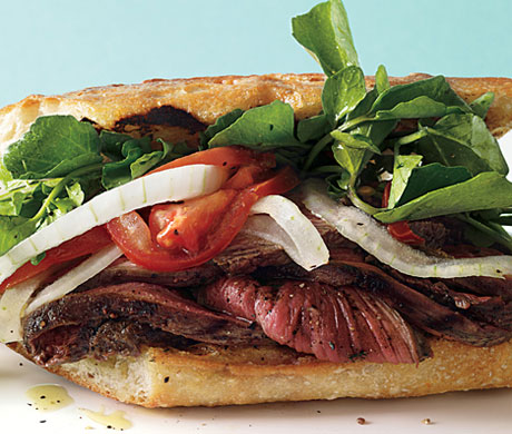 Grilled Steak Sandwiches with Marinated Watercress, Onion and Tomato Salad