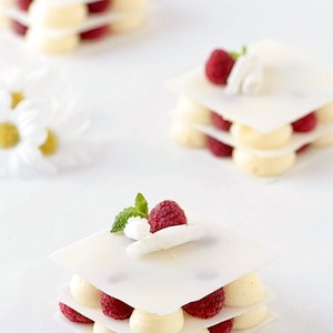White Chocolate, Vanilla Bean Cardamom Mousse and Raspberry Layers