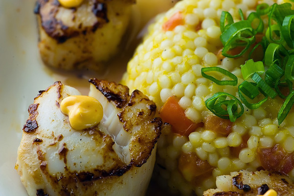Blackened Scallops with Mango Tomato Couscous and Chili Aioli