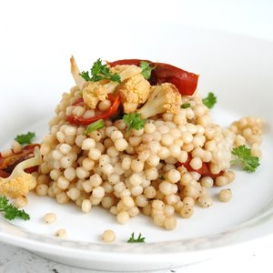 Pearl Couscous with Roasted Cauliflower and Tomatoes
