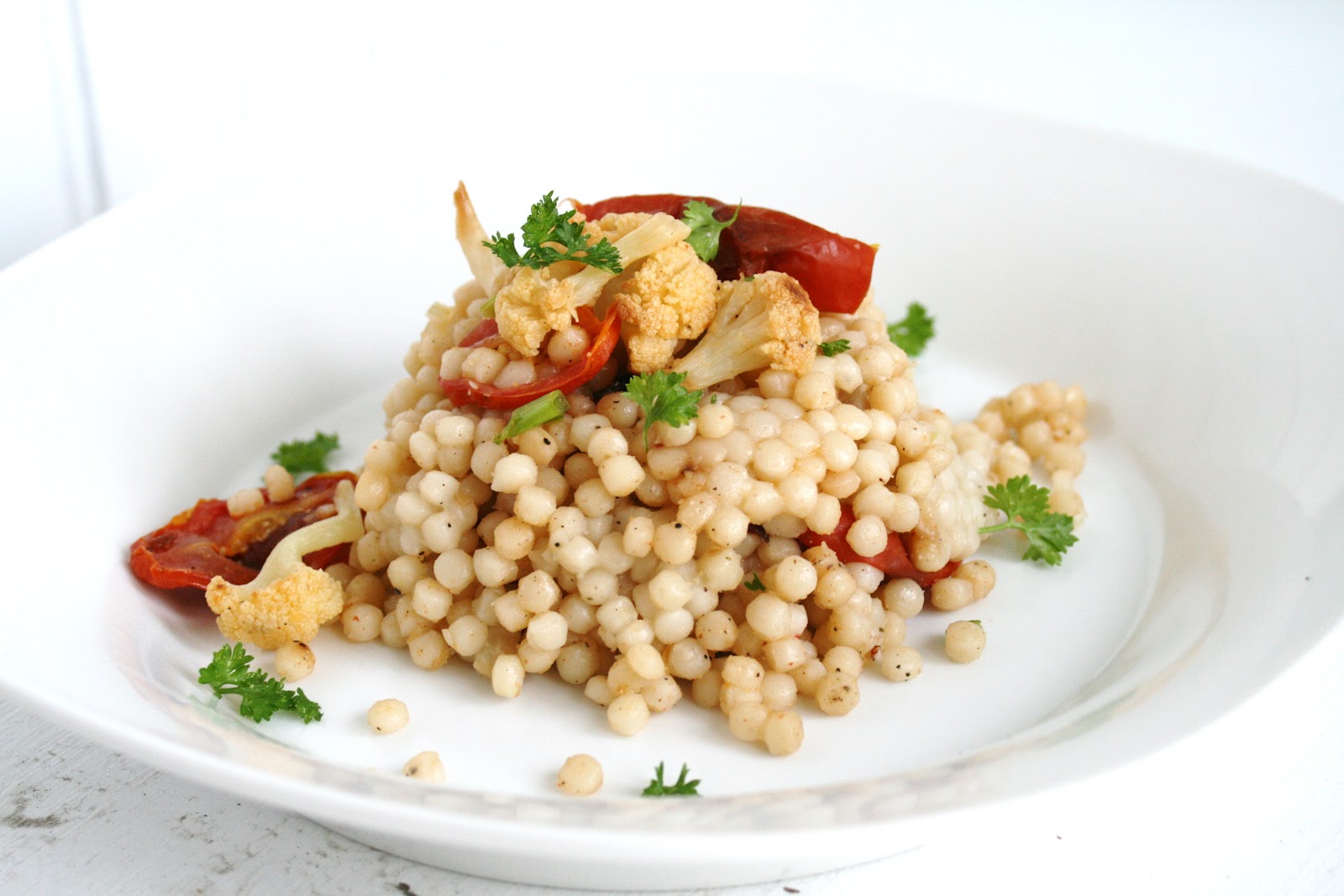 Pearl Couscous with Roasted Cauliflower and Tomatoes