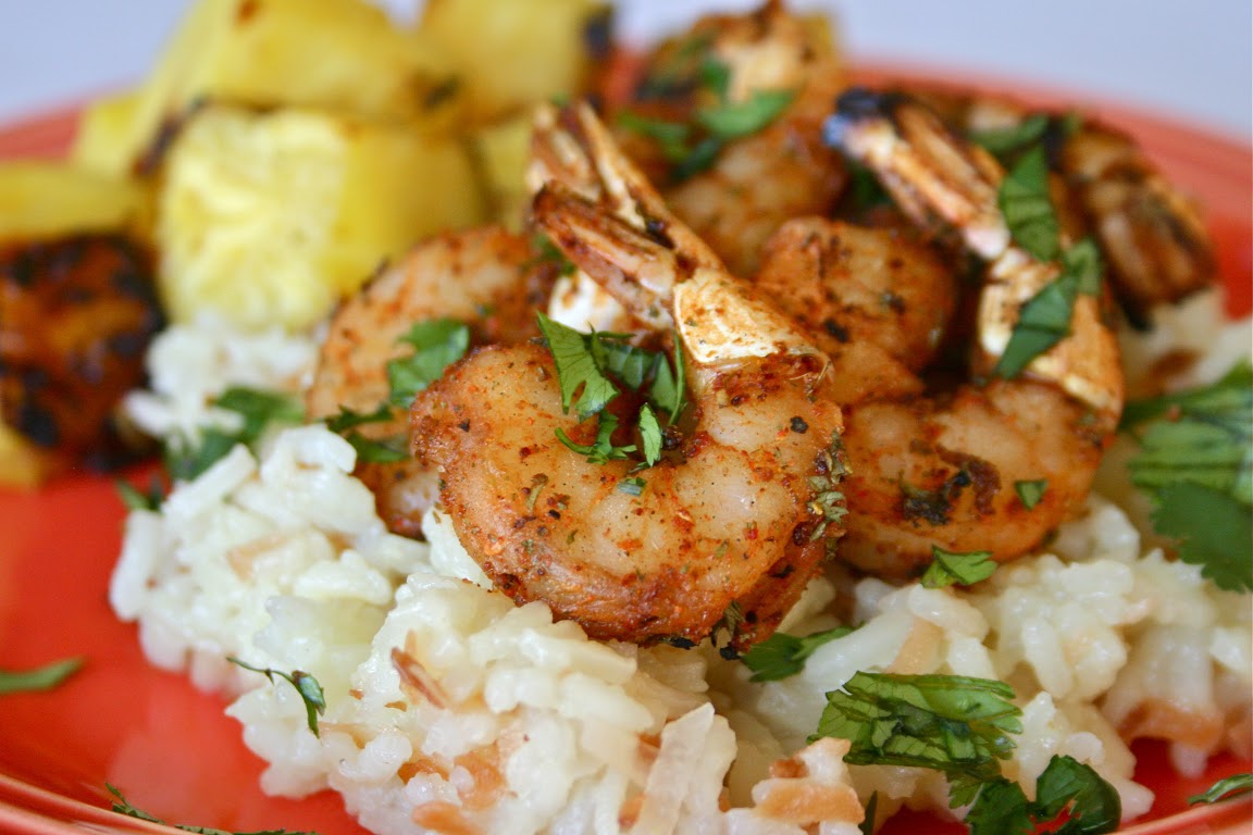 Spicy Shrimp with Grilled Pineapple and Coconut Rice Pilaf