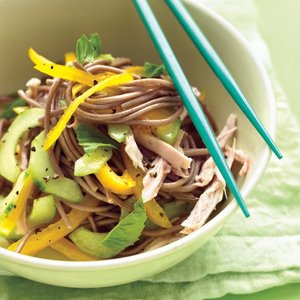 Cold Soba Noodle Salad with Chicken, Peppers and Cucumber