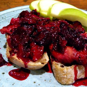 Rhubarb Rosemary Pork Cutlets with Onion and Beet Sauce