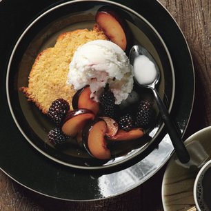 Orange Polenta Cake with Vanilla-Scented Plums and Blackberries and Buttermilk Ice Cream