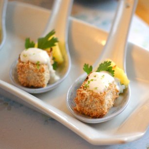 Coconut Crusted Tofu and Pineapple Bites with Creamy Green Curry Sauce