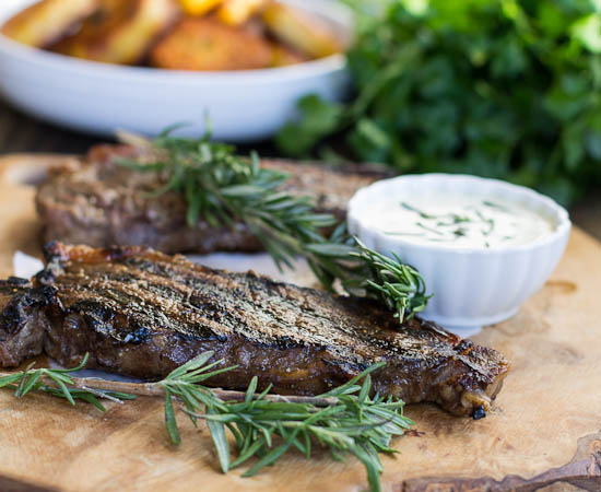 New York Strip Steaks with Horseradish Mustard Sauce
