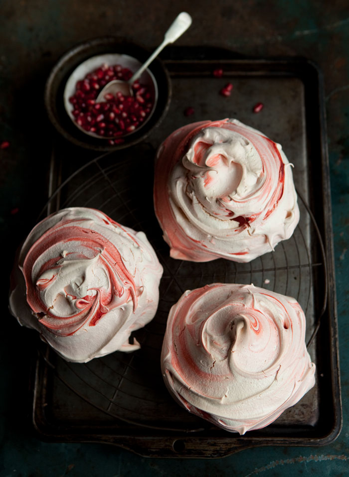 Pink Swirl Meringues with Pomegranate Syrup