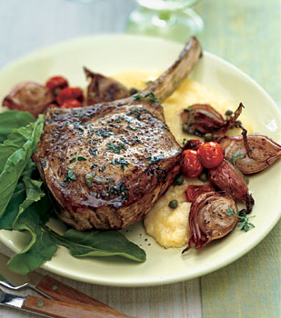 Veal Chops with Roasted Shallots, Arugula and Soft Polenta