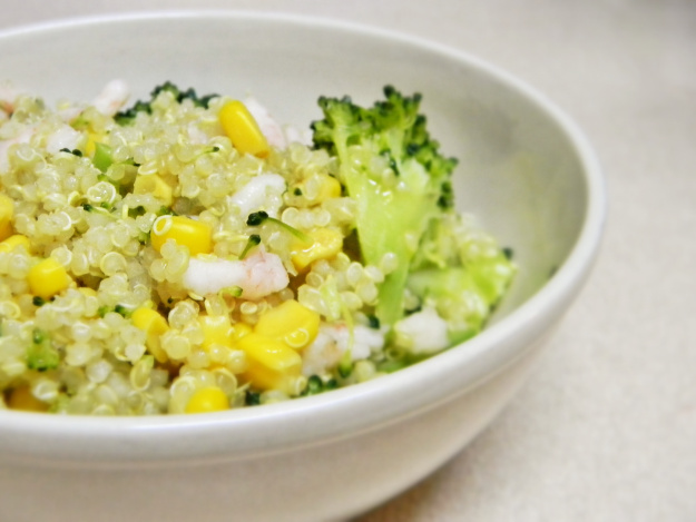 Broccolini, Corn, and Shrimp Quinoa with Olive Oil Lemon Garlic Dressing